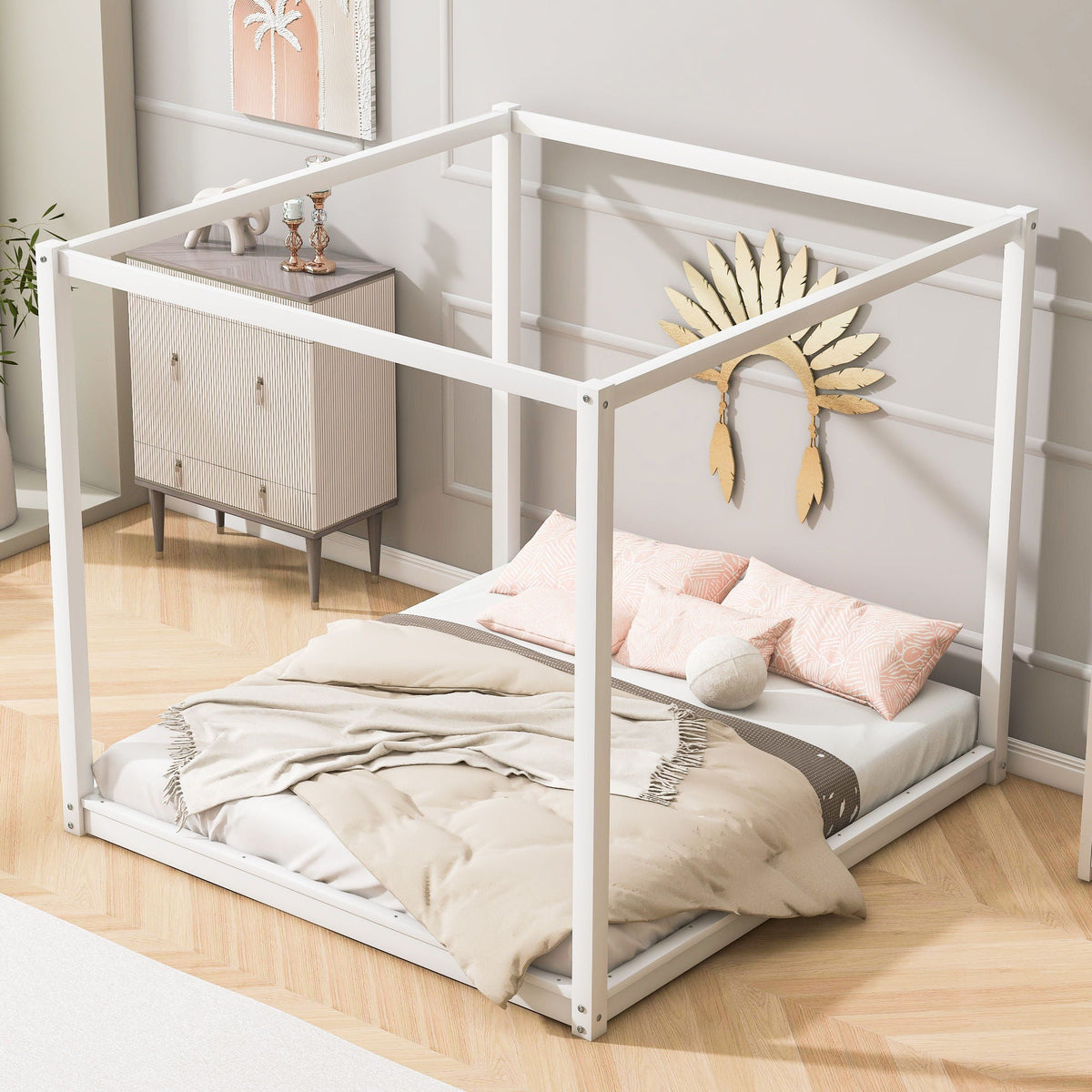 Wood Canopy Platform Bed with Airflow Slats and Support Legs - White or Light Brown