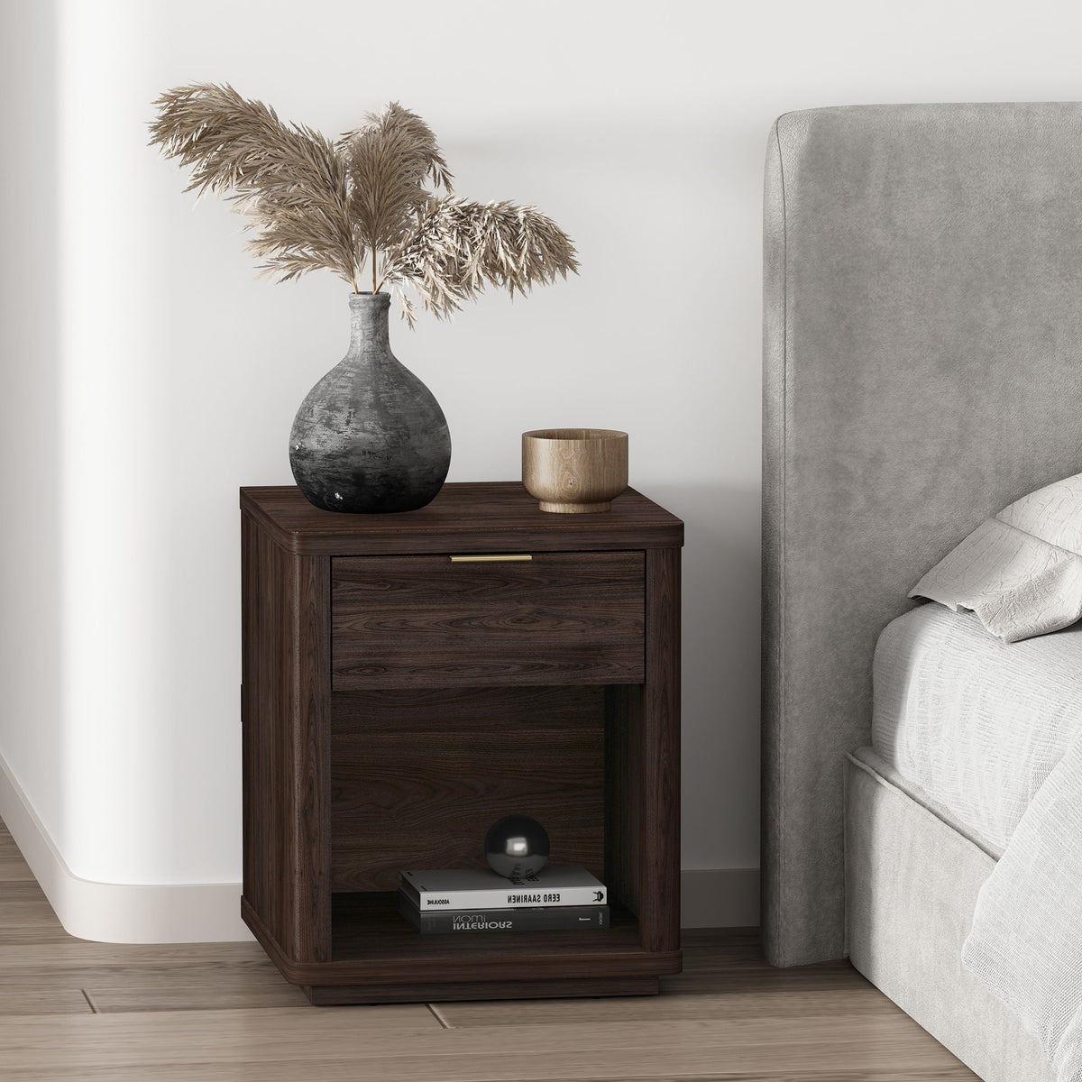 Evelyn Nightstand with 1 Drawer and Open Shelf - Dark Gray, Dark Brown, Light Brown