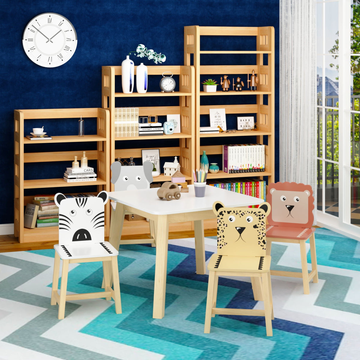 Kids Table and Chair Set with Cartoon Animals Design - White
