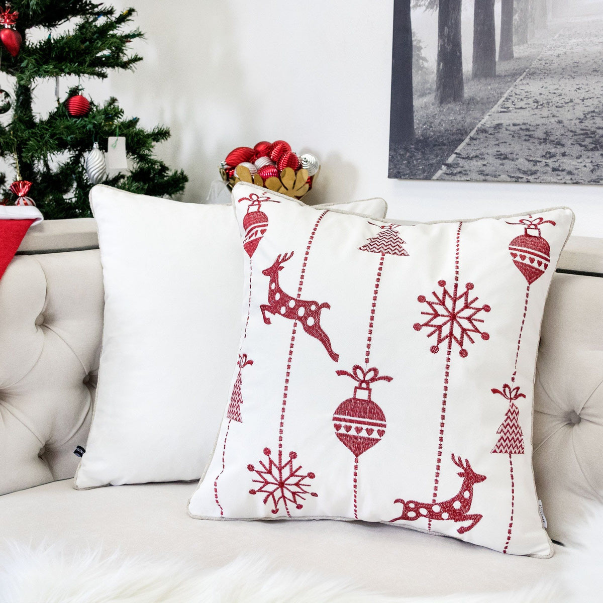 Christmas Throw Pillow with Embroidered Reindeer and Snowflakes - White