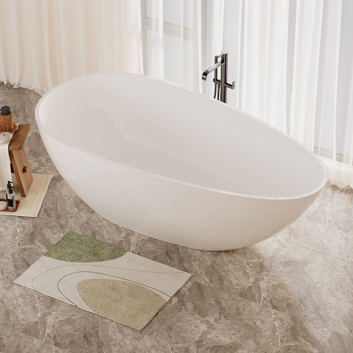 59" Freestanding Solid Surface Bathtub with Overflow Drain - Glossy White