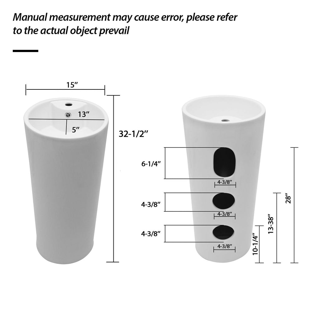 15" Pedestal Sink with Space Saving Design - White