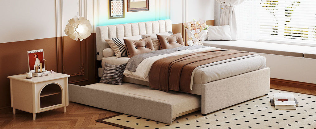Upholstered Platform Bed With Trundle and LED Lights - Full or Queen
