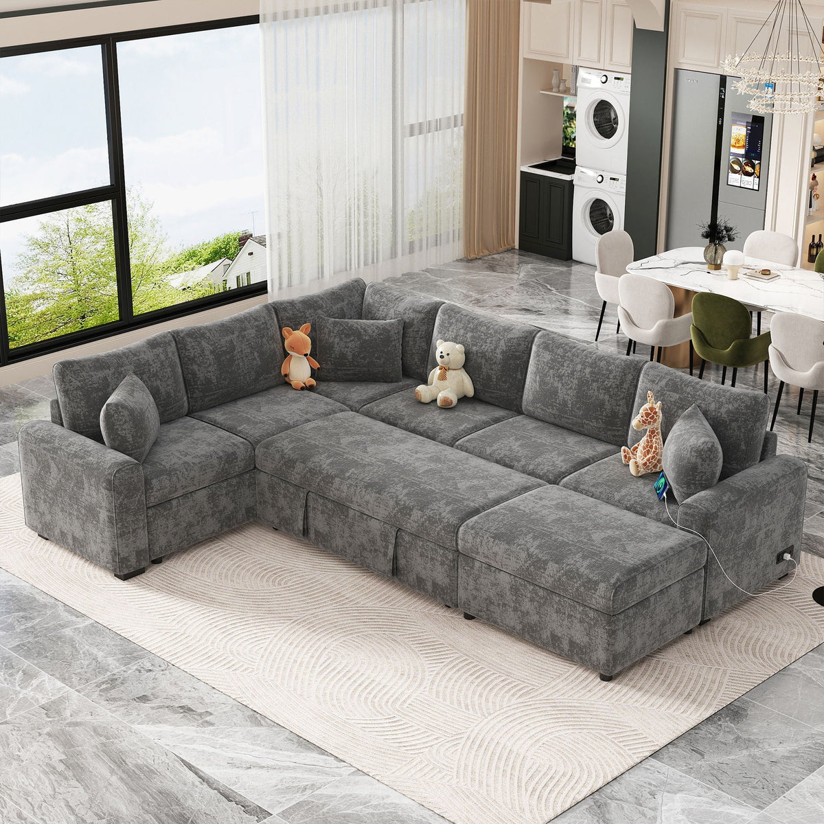Sleeper Sectional Sofa with Storage Ottoman and USB Charging - White or Dark Gray