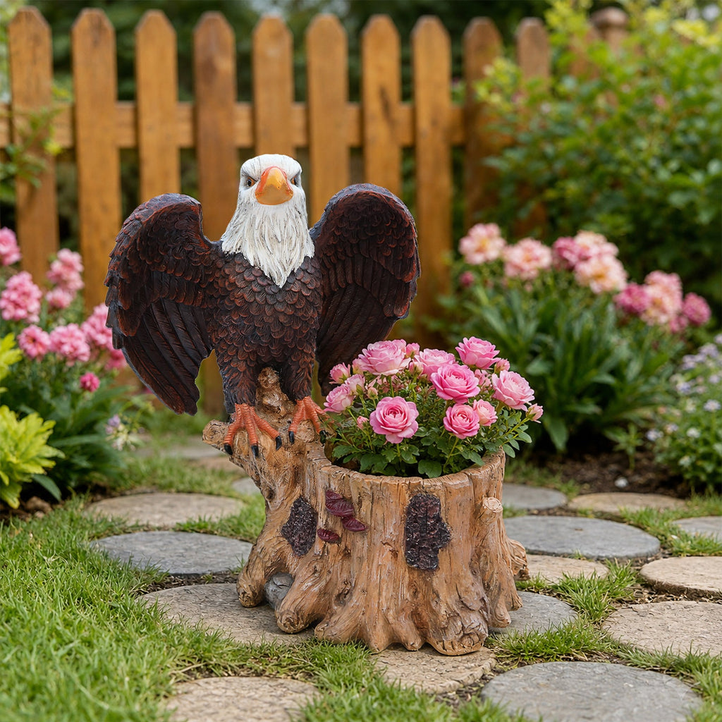 Majestic Eagle Garden Planter Pot with Tree Stump Base