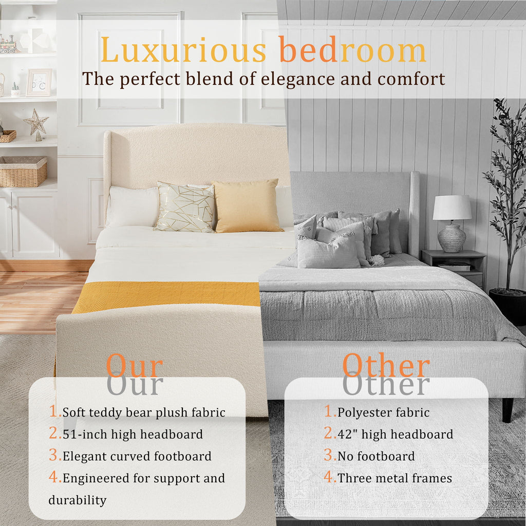 Platform Bed Frame with Tall Headboard and High Footboard - White or Gray