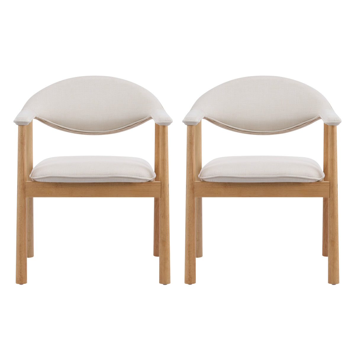 Upholstered Dining Chairs with Curved Back - Fabric and Rubber Wood - Beige or Natural