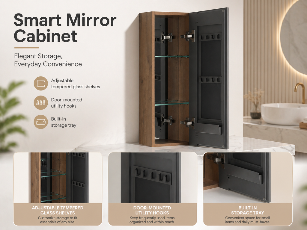 10'' Bathroom Mirror Cabinet with Adjustable Shelves - Imitative Oak