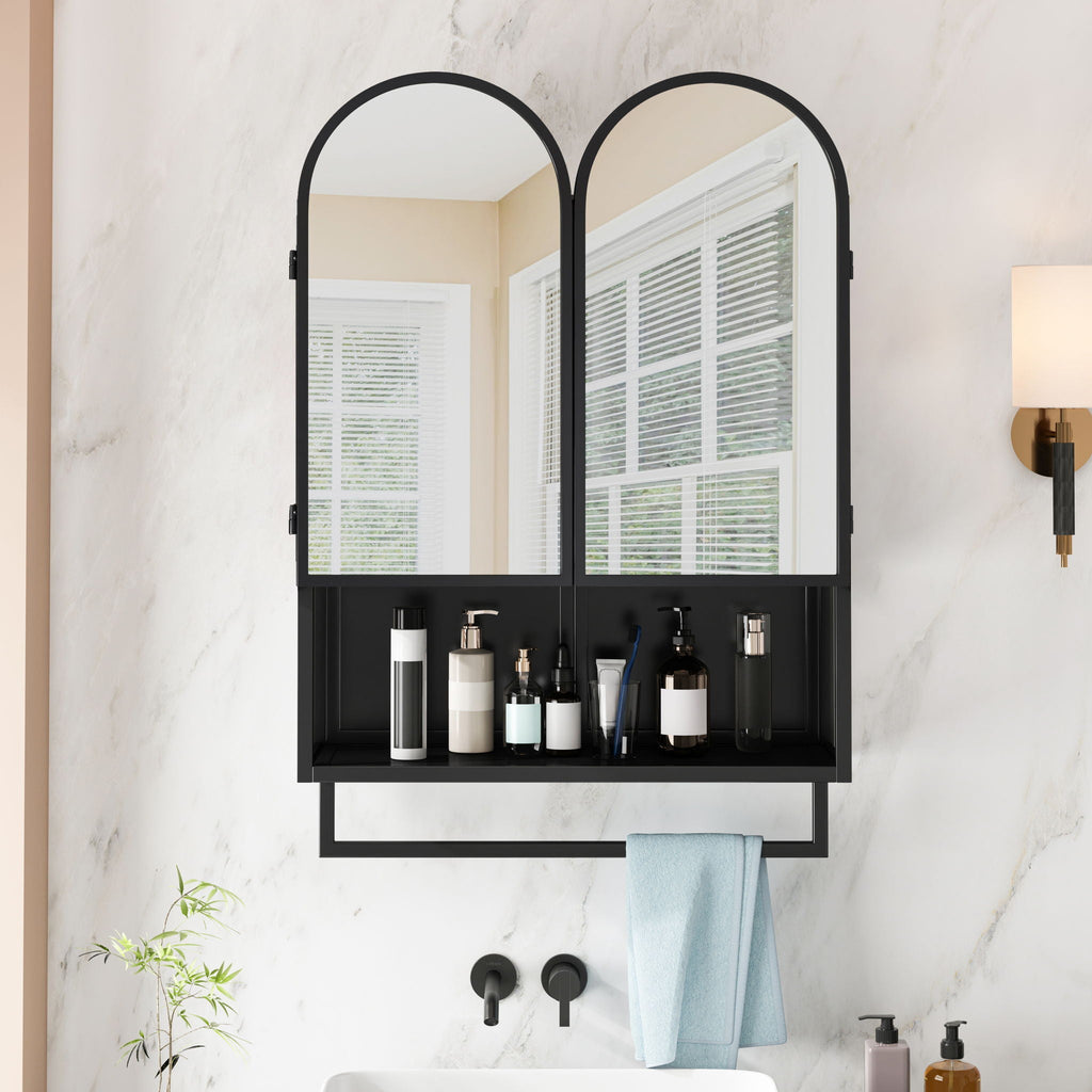 Double Arched Mirror Wall Cabinet with Adjustable Shelves and Towel Rack - Black or White
