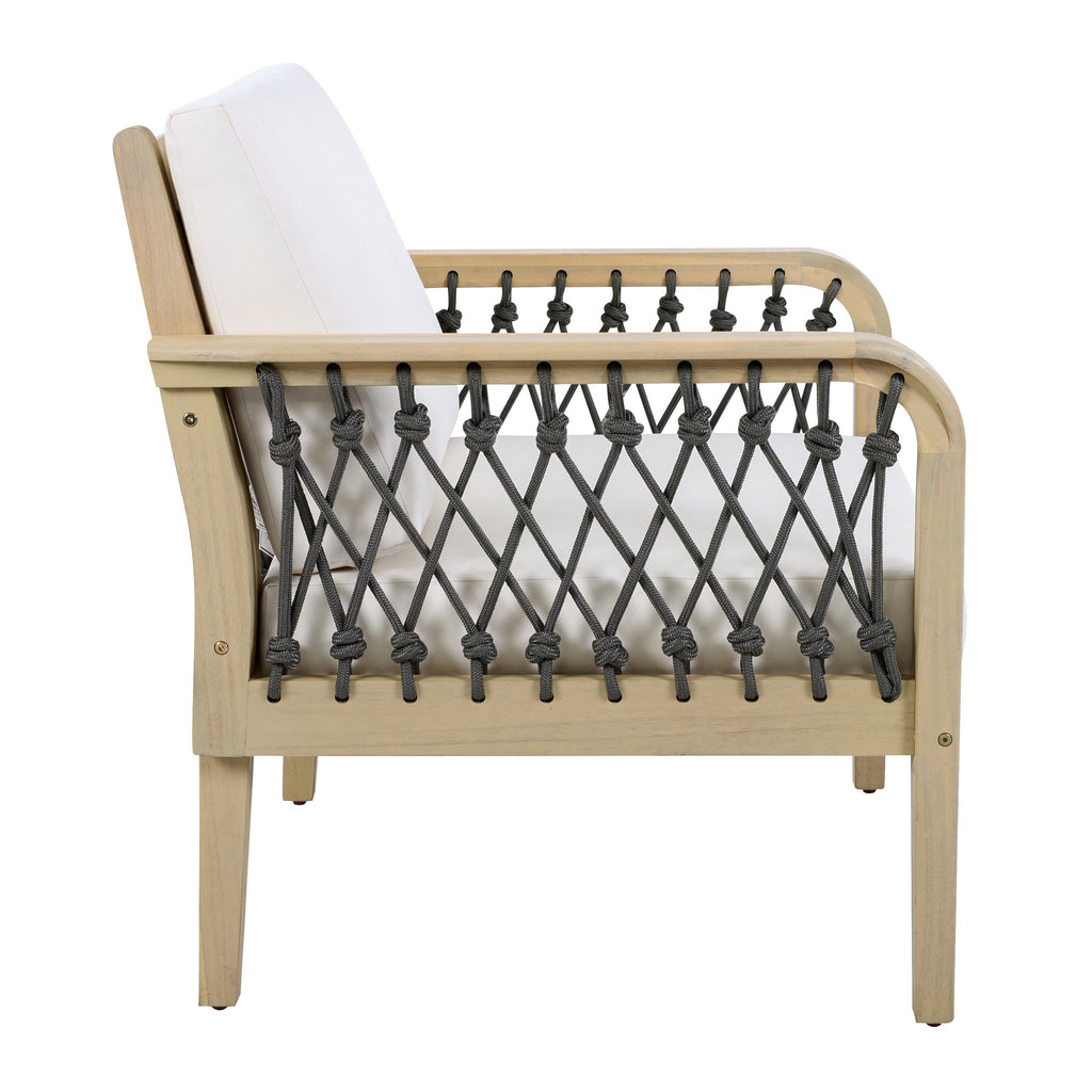 Outdoor Acacia Wood Club Chair with Handwoven Rope Armrests - Cream