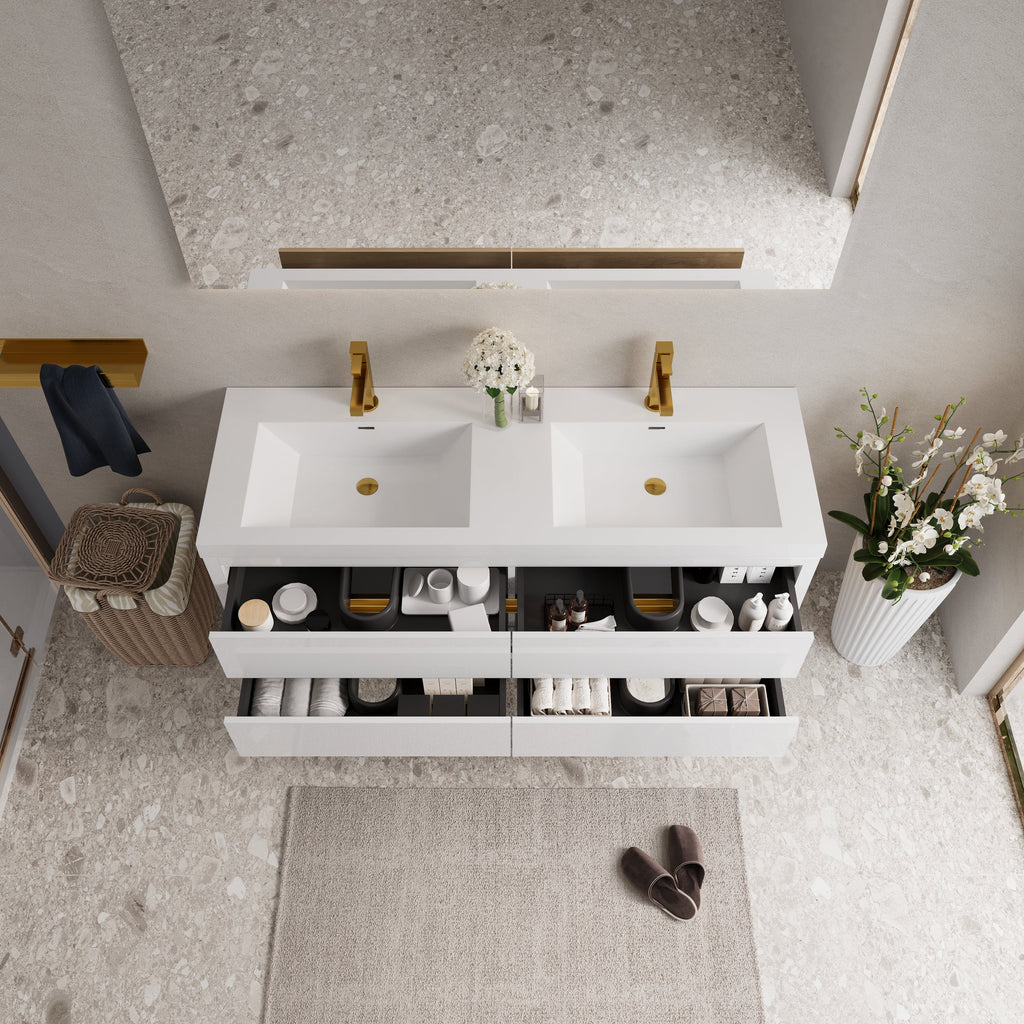60" Floating Bathroom Vanity with Stone Resin Sink - Wall-Mount Storage Cabinet