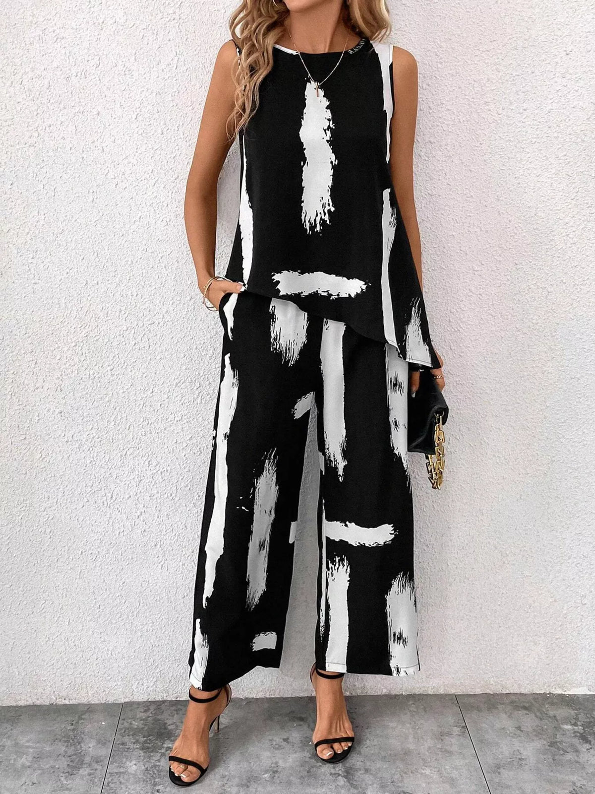 Abstract Print Sleeveless Top & Wide Leg Pants Set