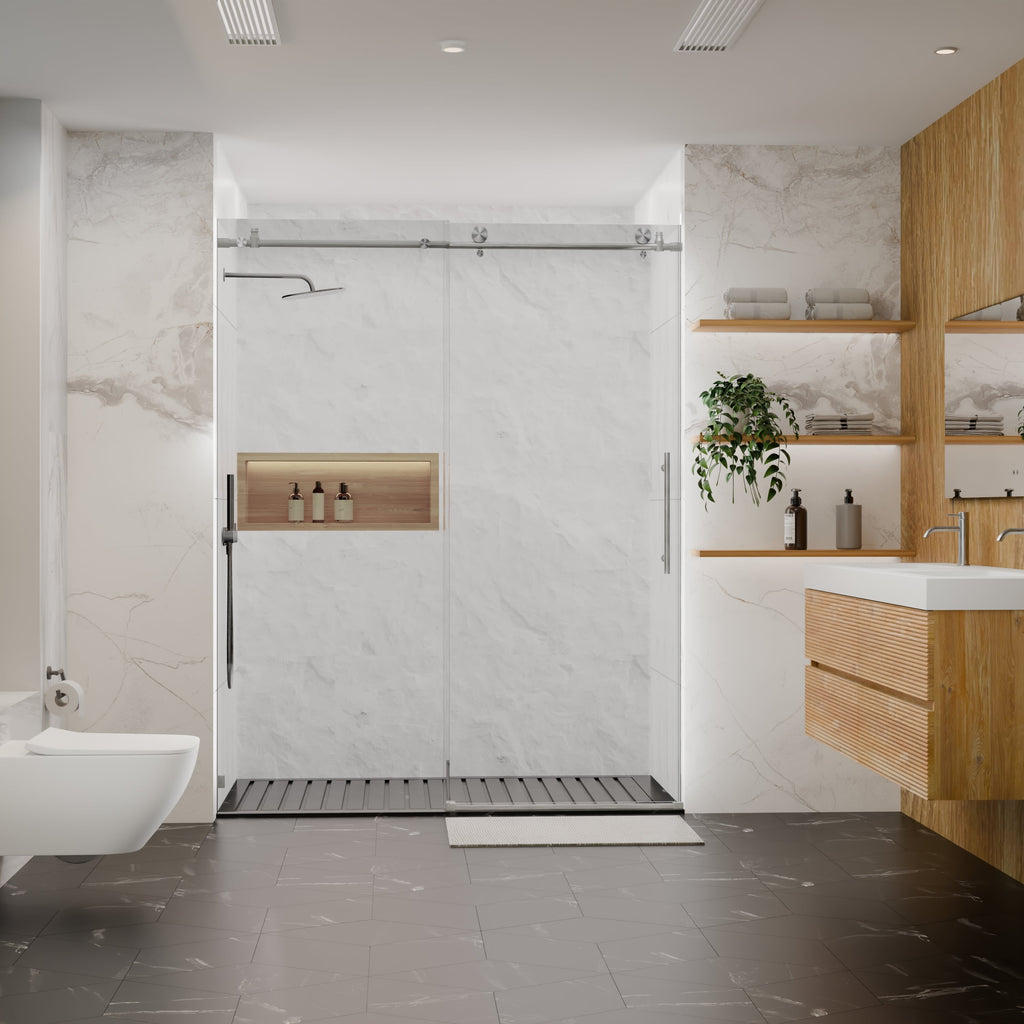 Frameless Sliding Shower Door with Tempered Glass - Brushed Nickel
