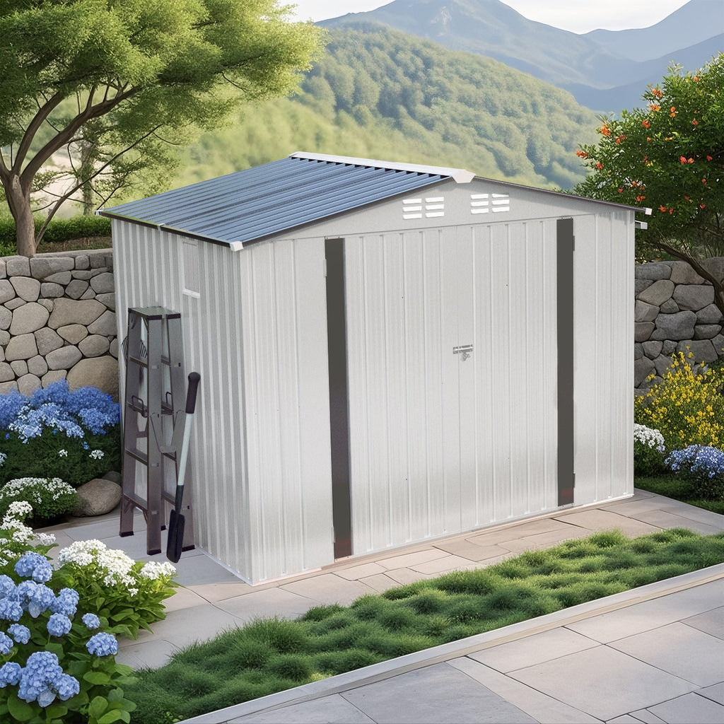 Outdoor Garden Storage Shed with Lockable Doors and Window - White / Gray