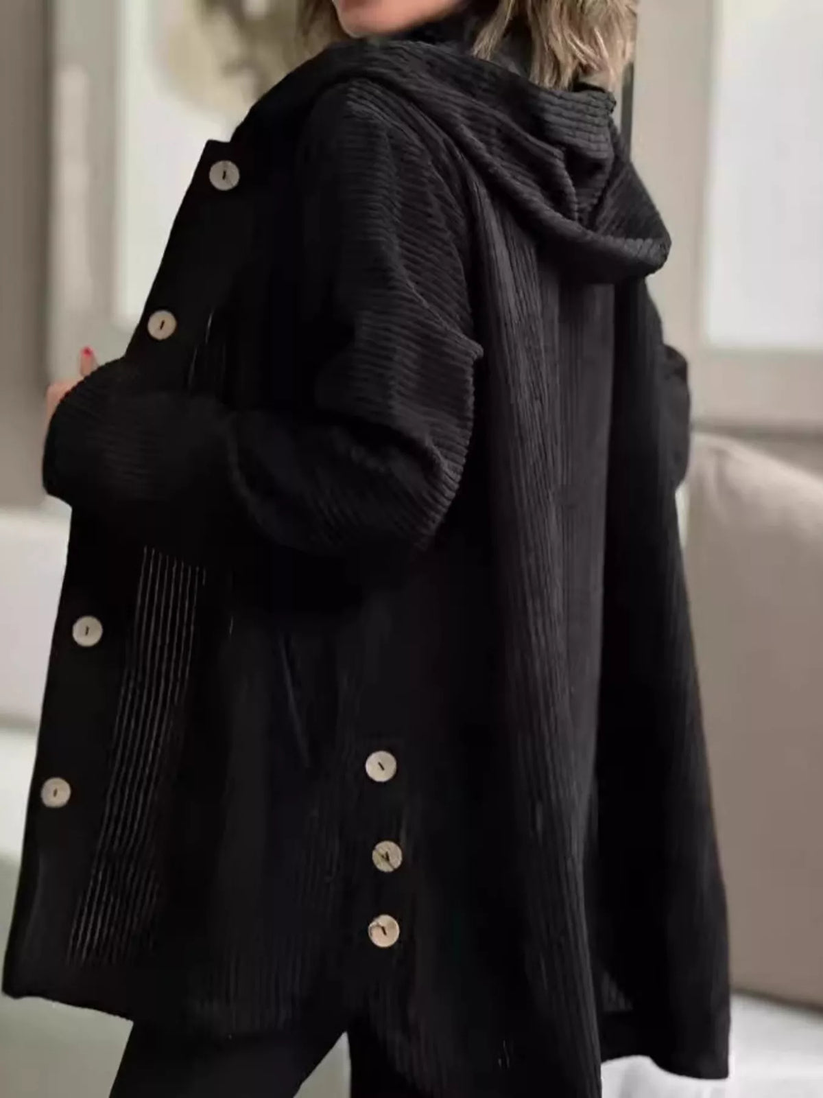 Full Size Corduroy Button Up Hooded Jacket Plus Size