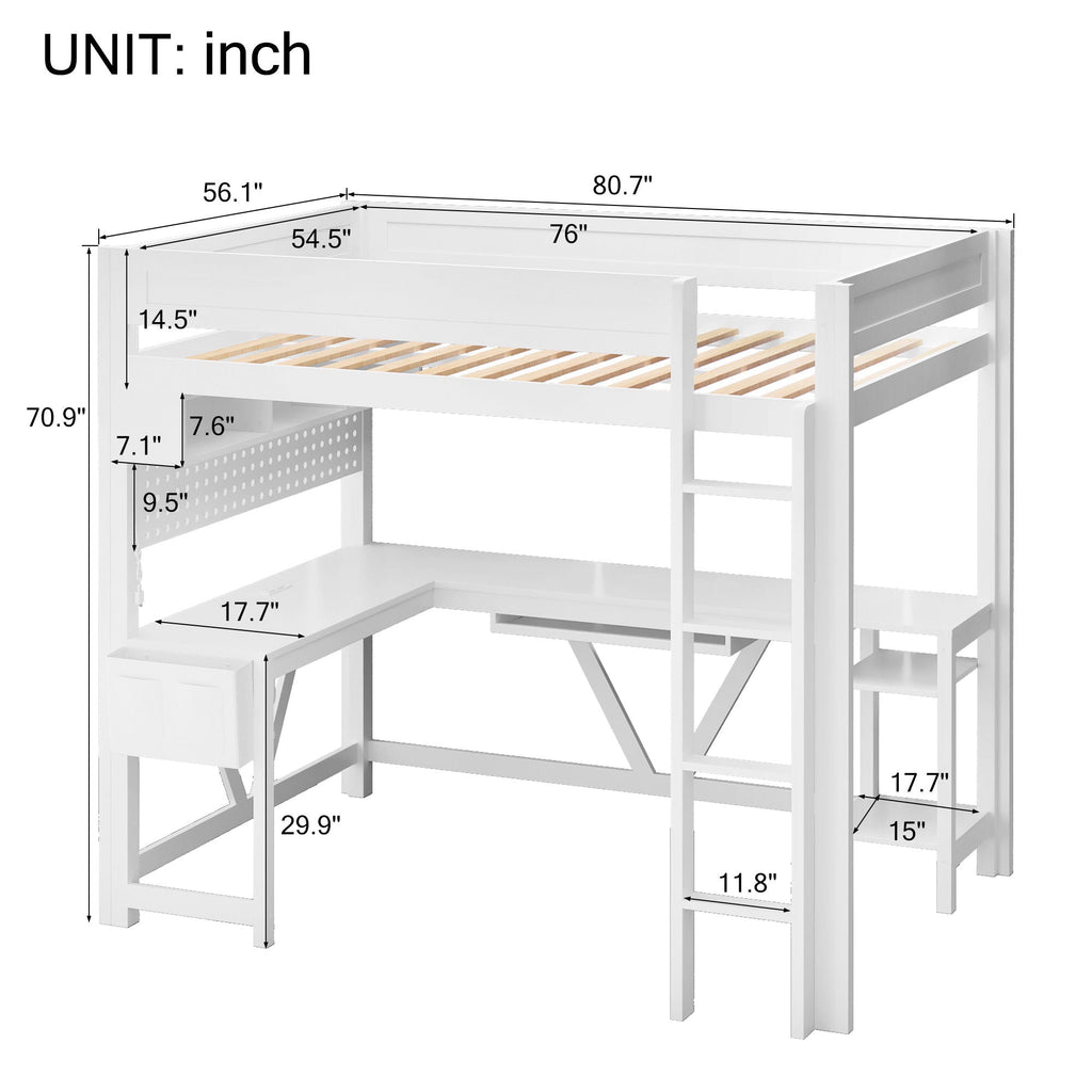 Gaming Loft Bed With Desk, Storage Shelves, LED and Charging Station - Full