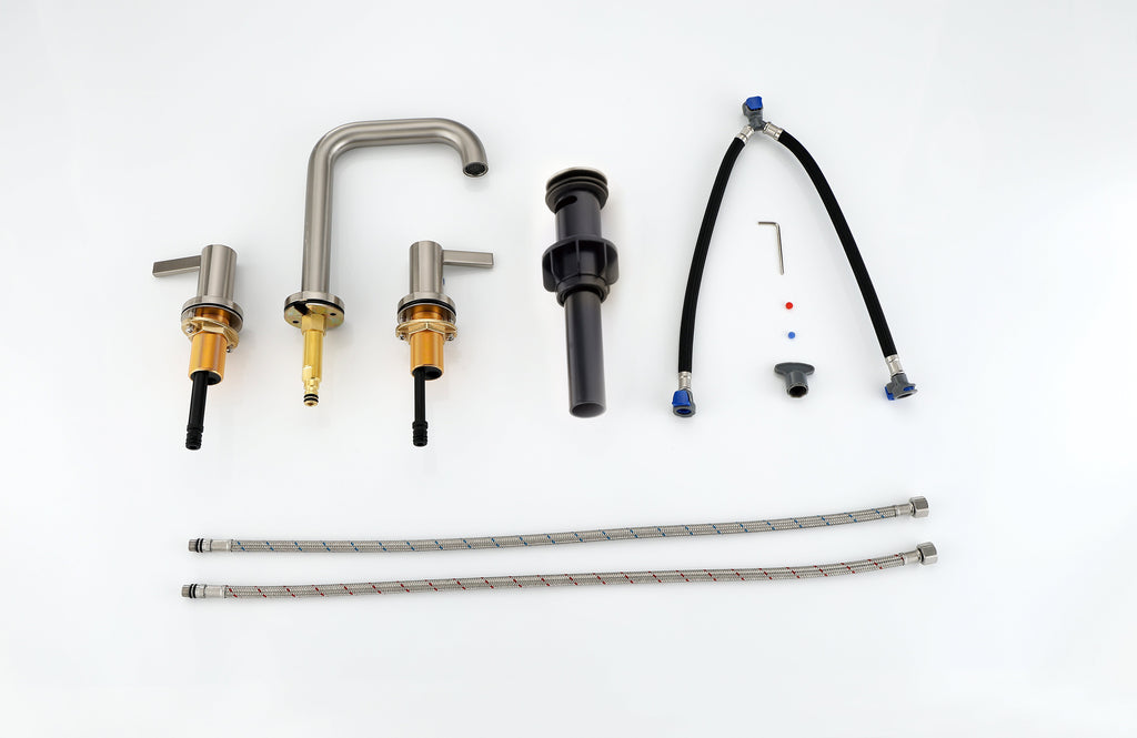 Brushed Nickel Bathroom Faucet with Two Handles & Pop Up Drain - Supply Lines Included