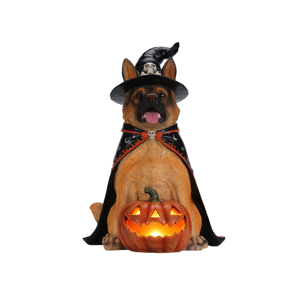 Halloween German Shepherd Dog Statue with LED Pumpkin - Resin