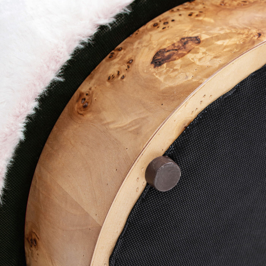 Round Fur Upholstered Pouf Ottoman with Burl Base - White