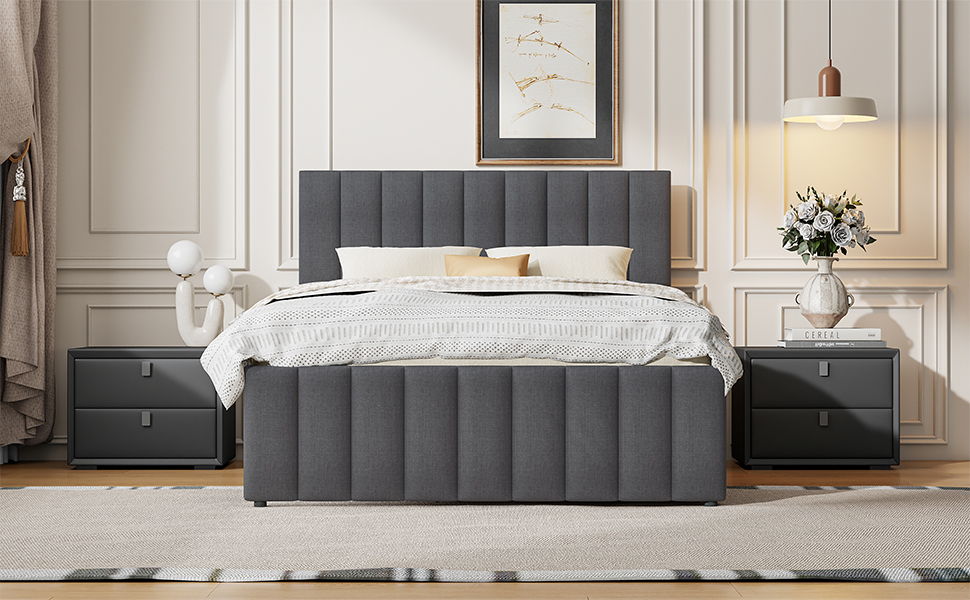 Upholstered Platform Bed with Twin Size Trundle and 3 Drawers - Beige, Full