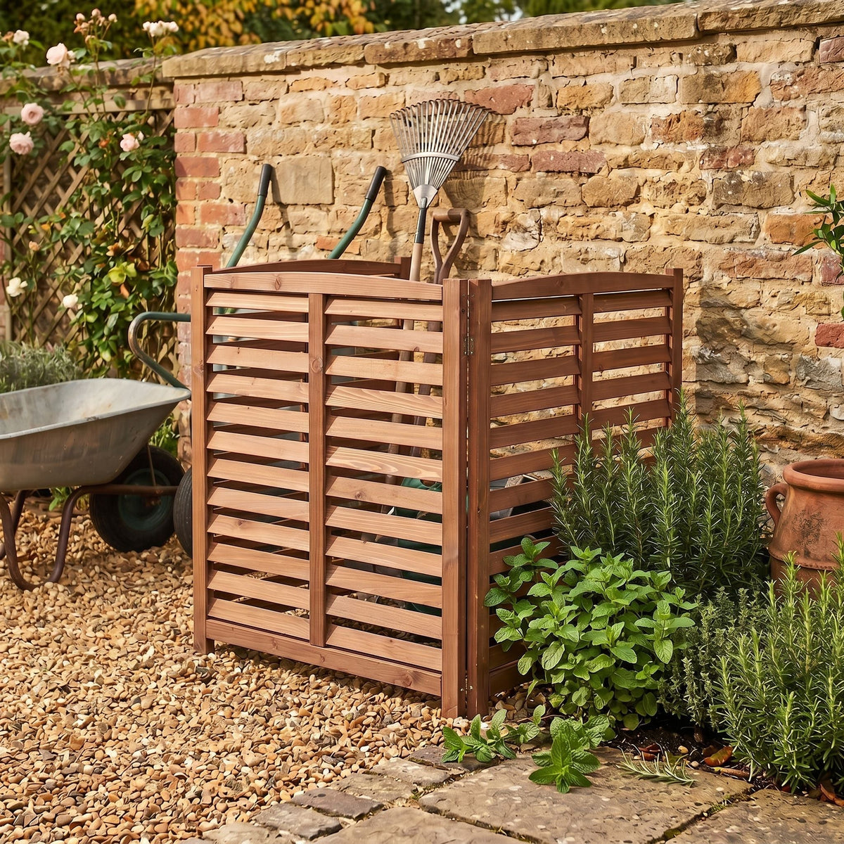 3 Panel Outdoor Wooden Air Conditioner Fence with Privacy Screen - Light Brown or Dark Gray