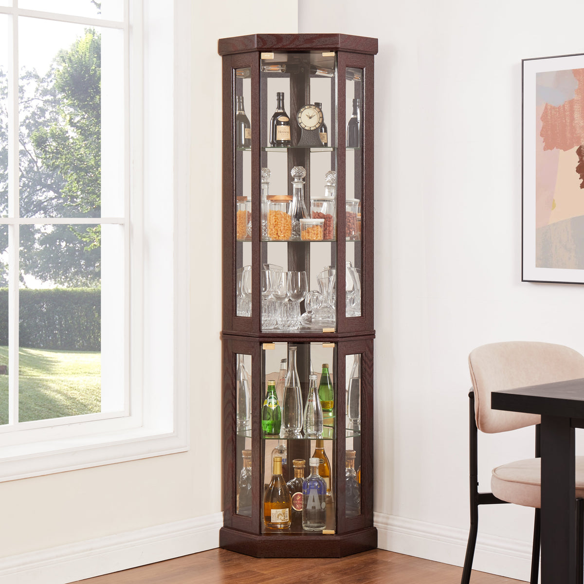 Corner Glass Curio Cabinet with Lighting - Dark Cherry