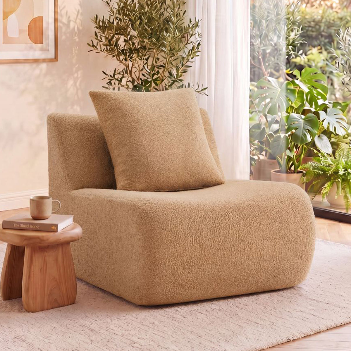 Camel Armless Sofa with Modular Teddy Fabric - Plush Comfort