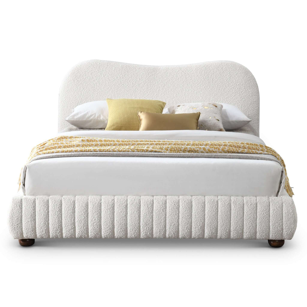 Queen Size Upholstered Low Profile Platform Bed with Boucle Fabric – Cream