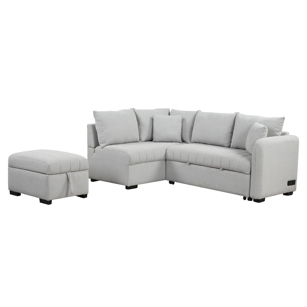 L-Shaped Sleeper Sectional with Pull-Out Bed and Storage Ottoman - Gray or Beige
