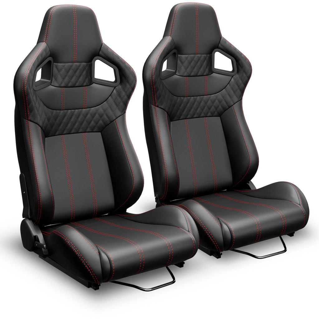 2PC Universal Bucket Racing Seats with Ergonomic Support - PVC Black