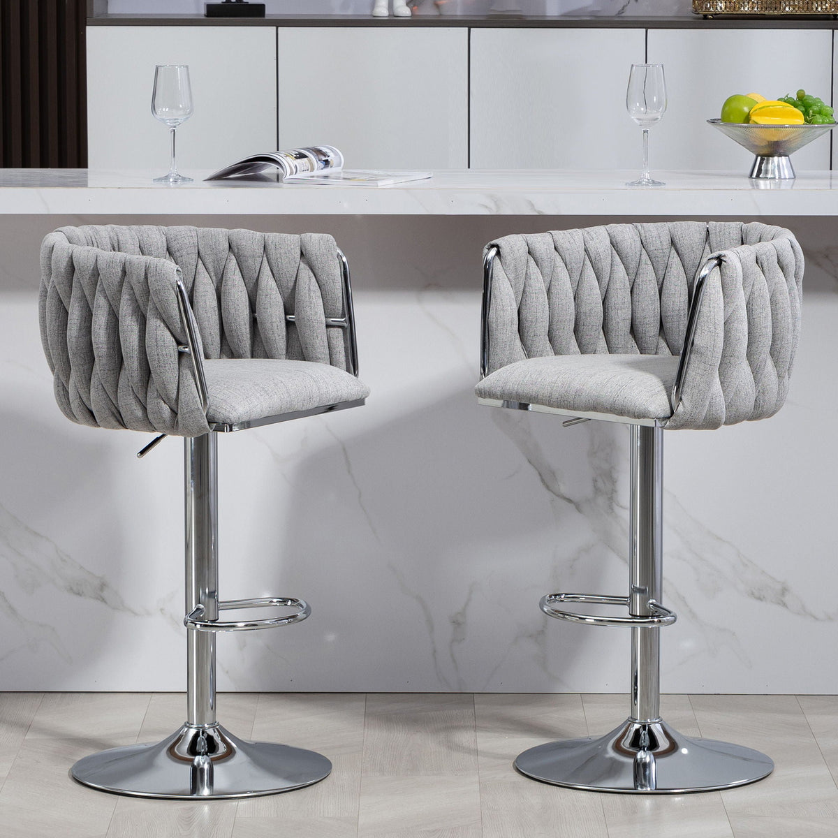 Adjustable Gray Counter Stools with 360° Swivel & Woven Back - Set of 2