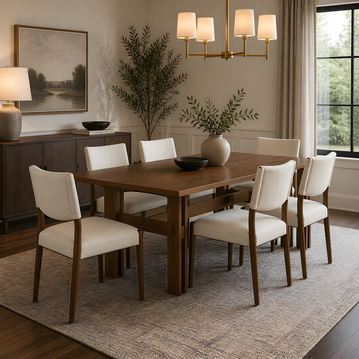 Solid Wood 7 Piece Dining Set with Upholstered Chairs - Walnut Finish
