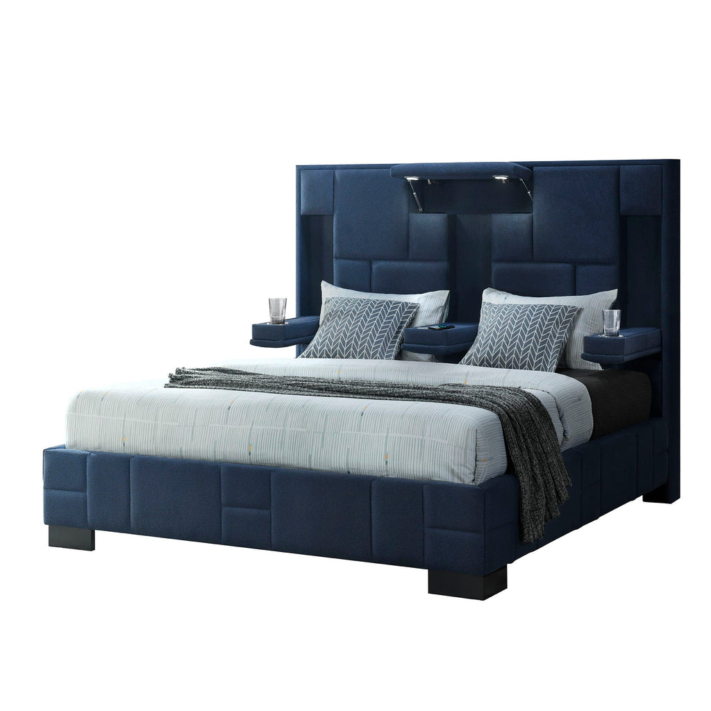 Yaris Upholstered Bed with Wireless Charging and LED Lights - Gray or Blue