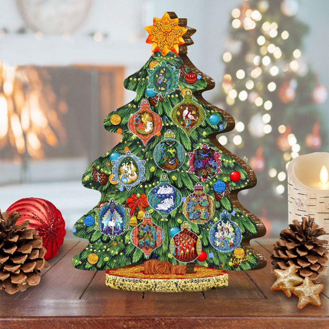 12 Days of Christmas Decorated Centerpiece Wooden Tree Figurine by G. Debrekht - Christmas Decor - 89303