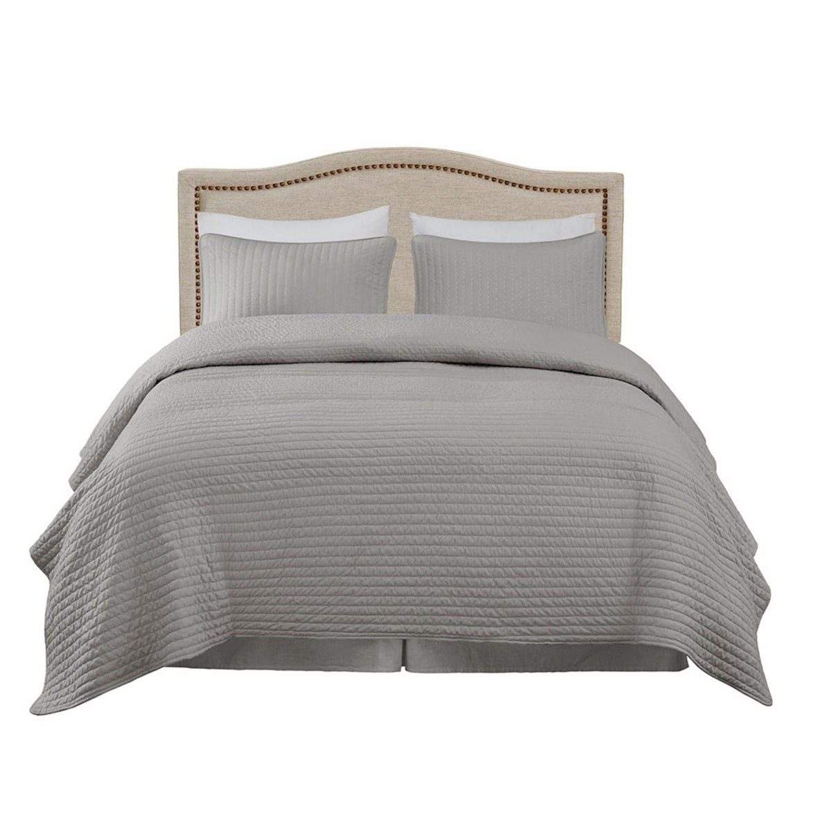 Light Brown Panel Upholstered Headboard with Copper Nailheads – Adjustable Metal Legs