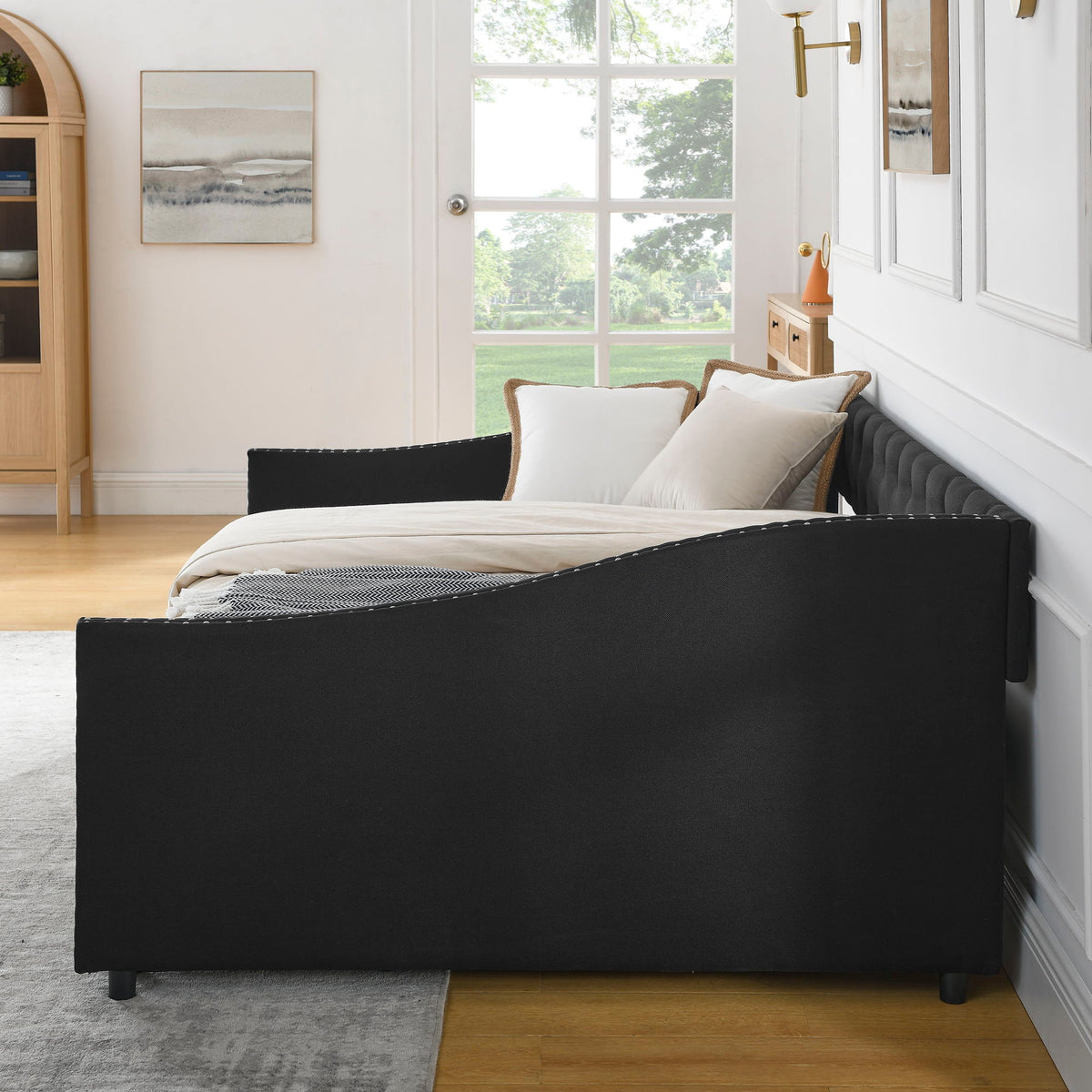 Upholstered Tufted Daybed with 2 Drawers and Waved Arms - Multiple Colors