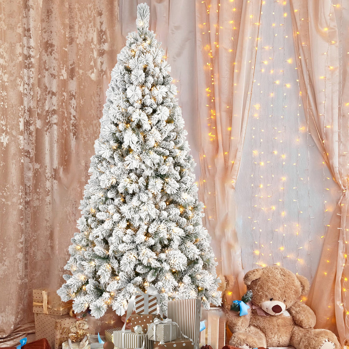 7.5FT Flocked Christmas Tree with 500 Warm White Lights