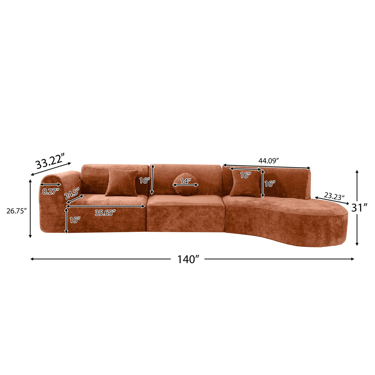Modern Curved Sectional Sofa with Chaise Lounge - Orange or Beige