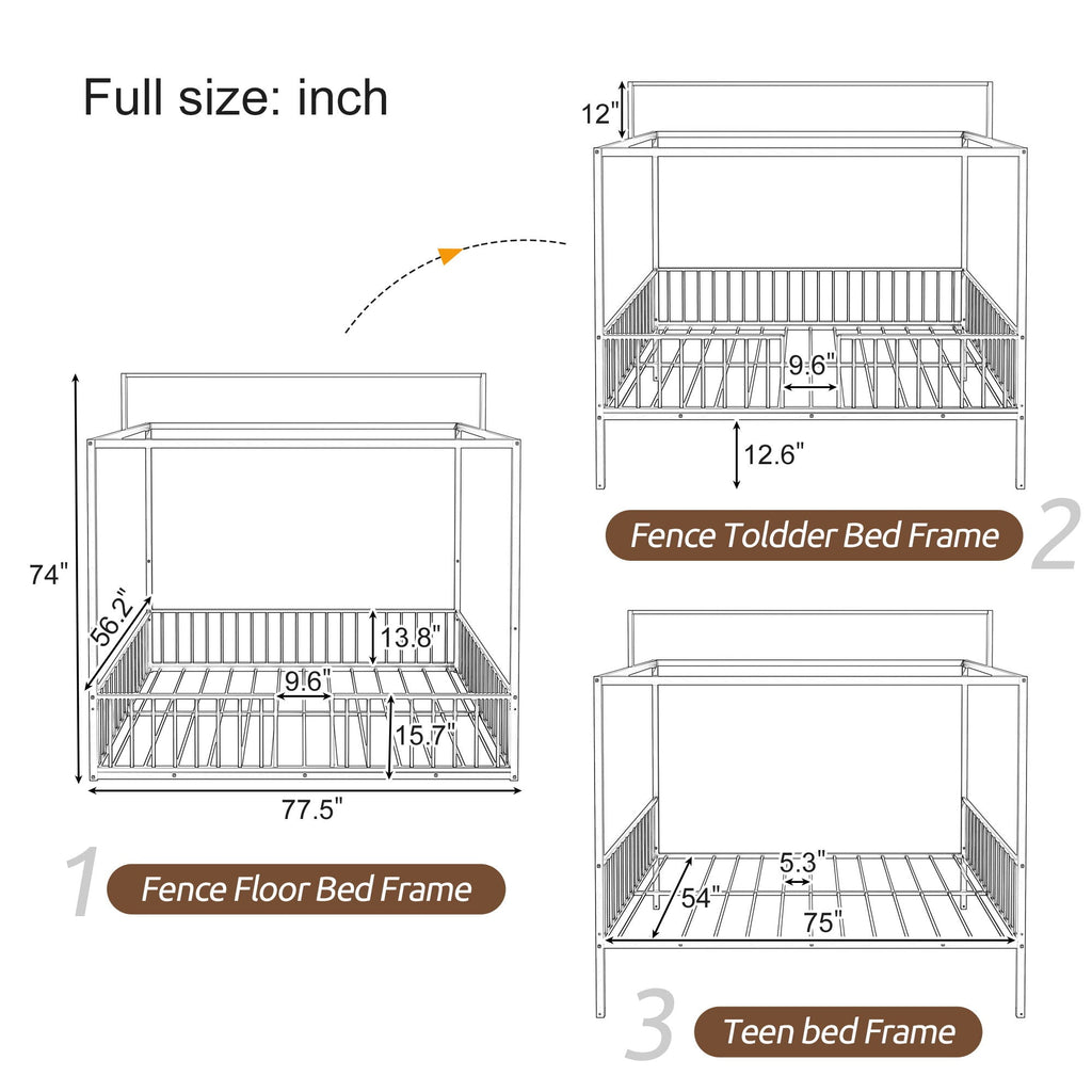 3 In 1 Convertible Montessori Floor Bed with Fenced Support - Full