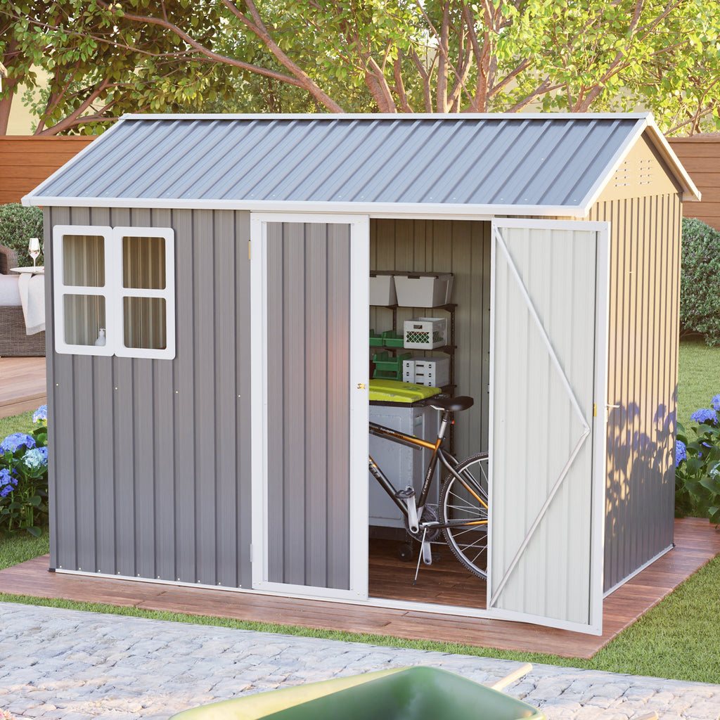 Large Steel Storage Shed with Window & Lockable Doors - Gray