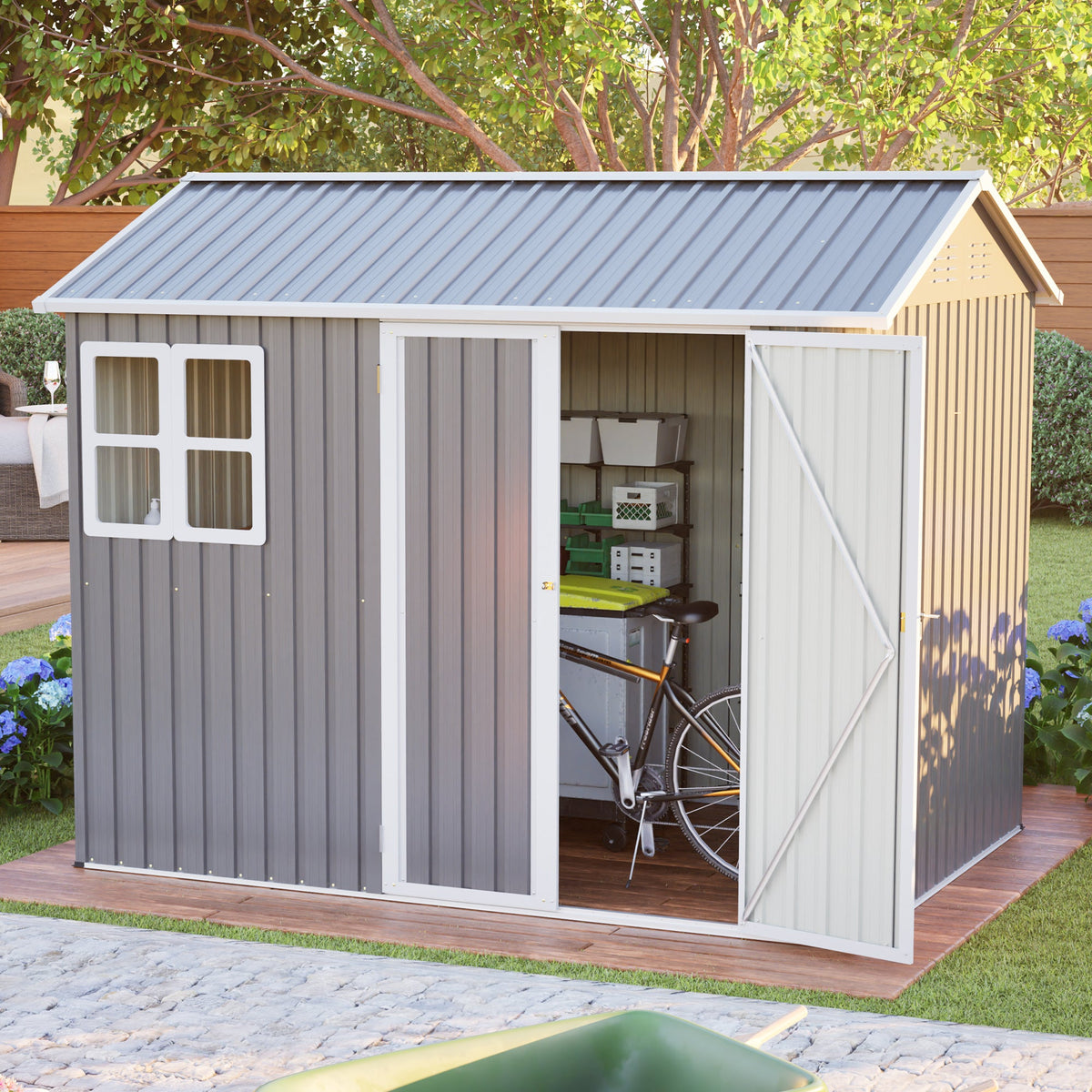 Large Steel Storage Shed with Window & Lockable Doors - Gray
