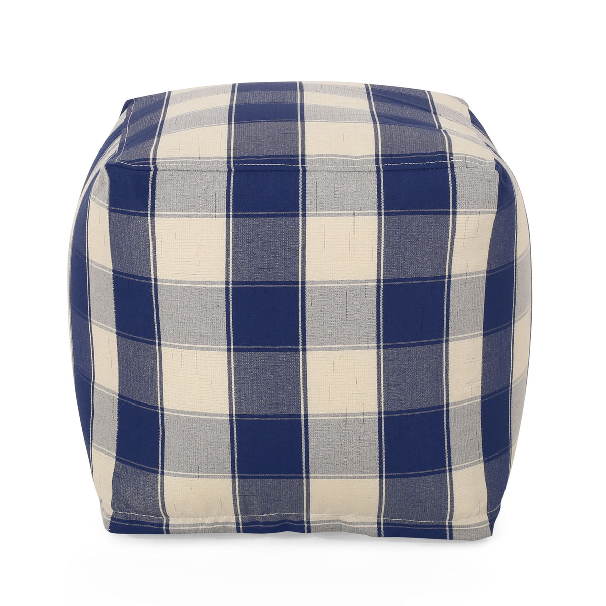 Checkered Square Pouf Ottoman and Floor Cushion with Polystyrene Bead Fill - Ivory / Navy