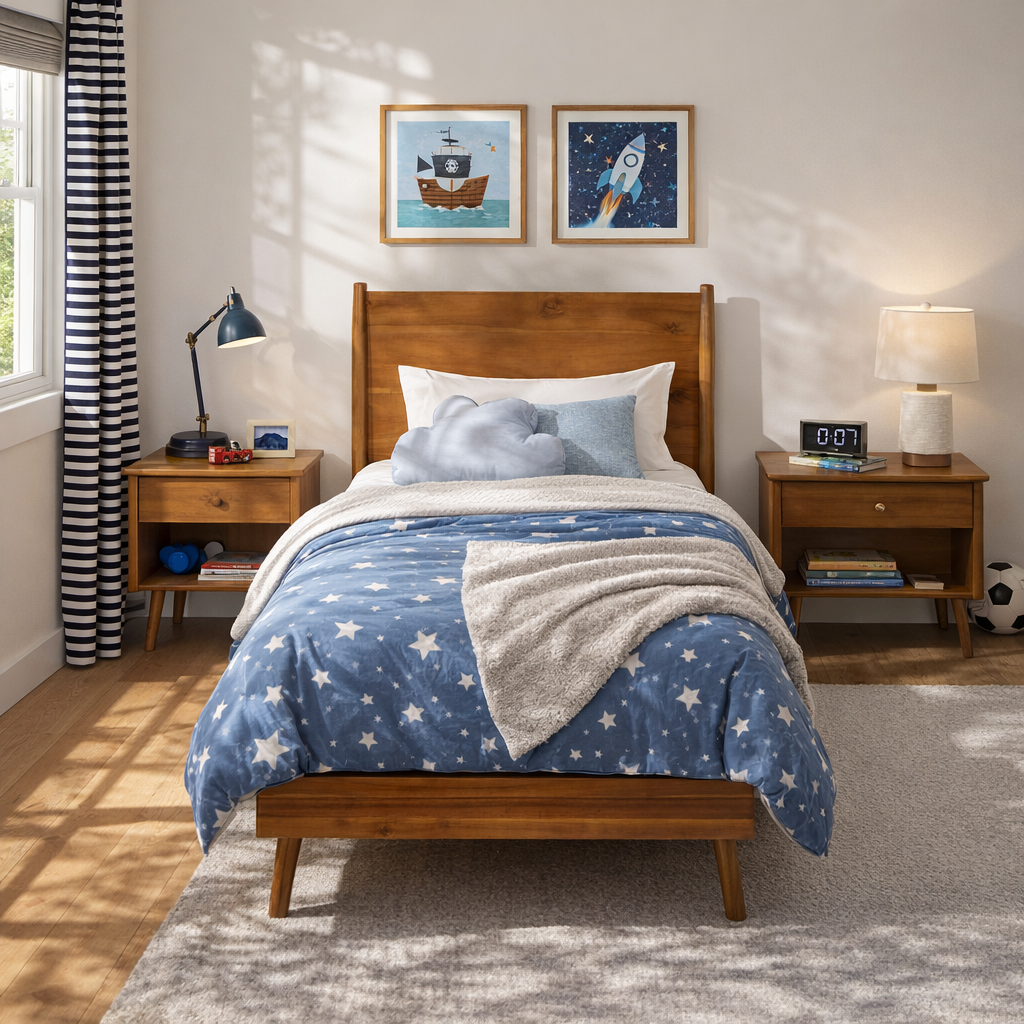 Solid Wood Platform Bed with Mid-Century Style - Twin, Acacia