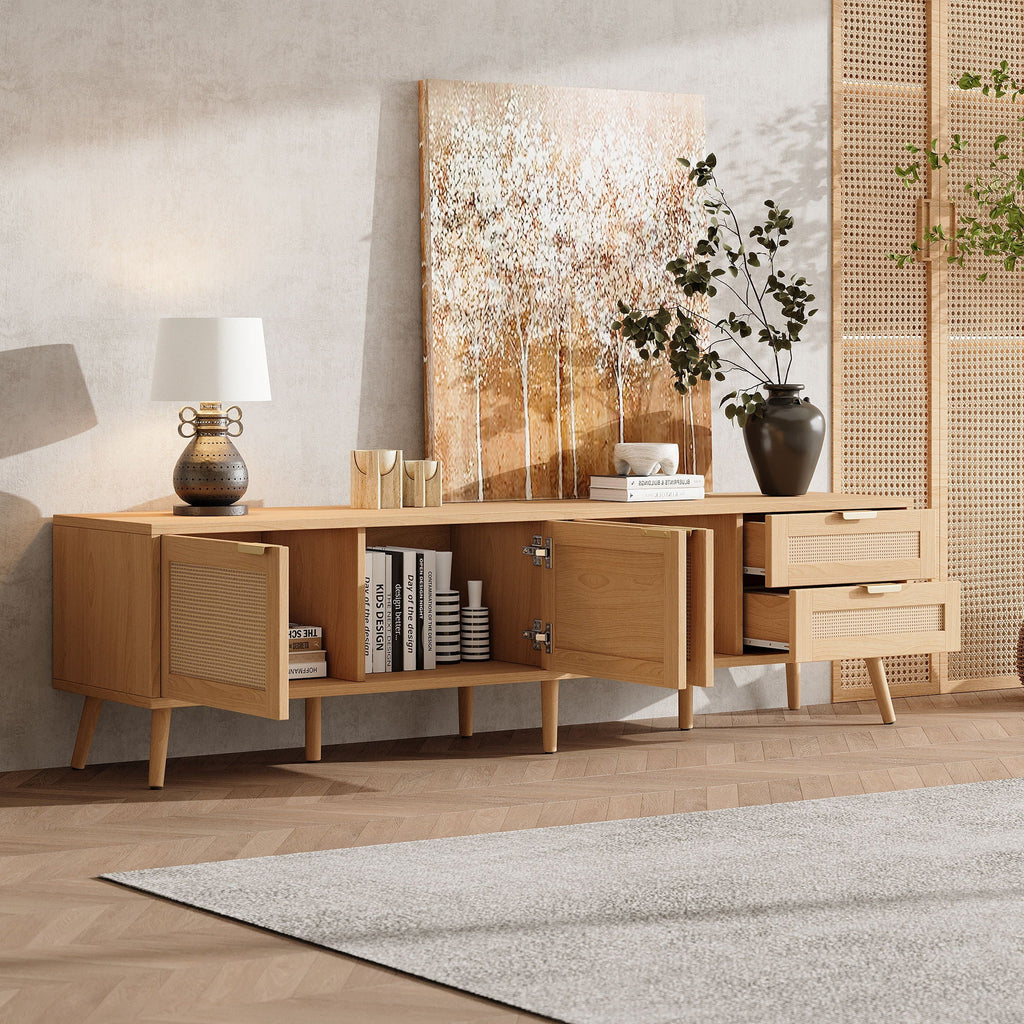 Natural Wood TV Stand with Cable Management and Drawers
