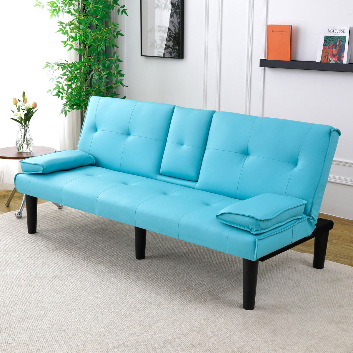 Foldable Sofa Bed with Cup Holder and Solid Wood Frame - Multiple Colors