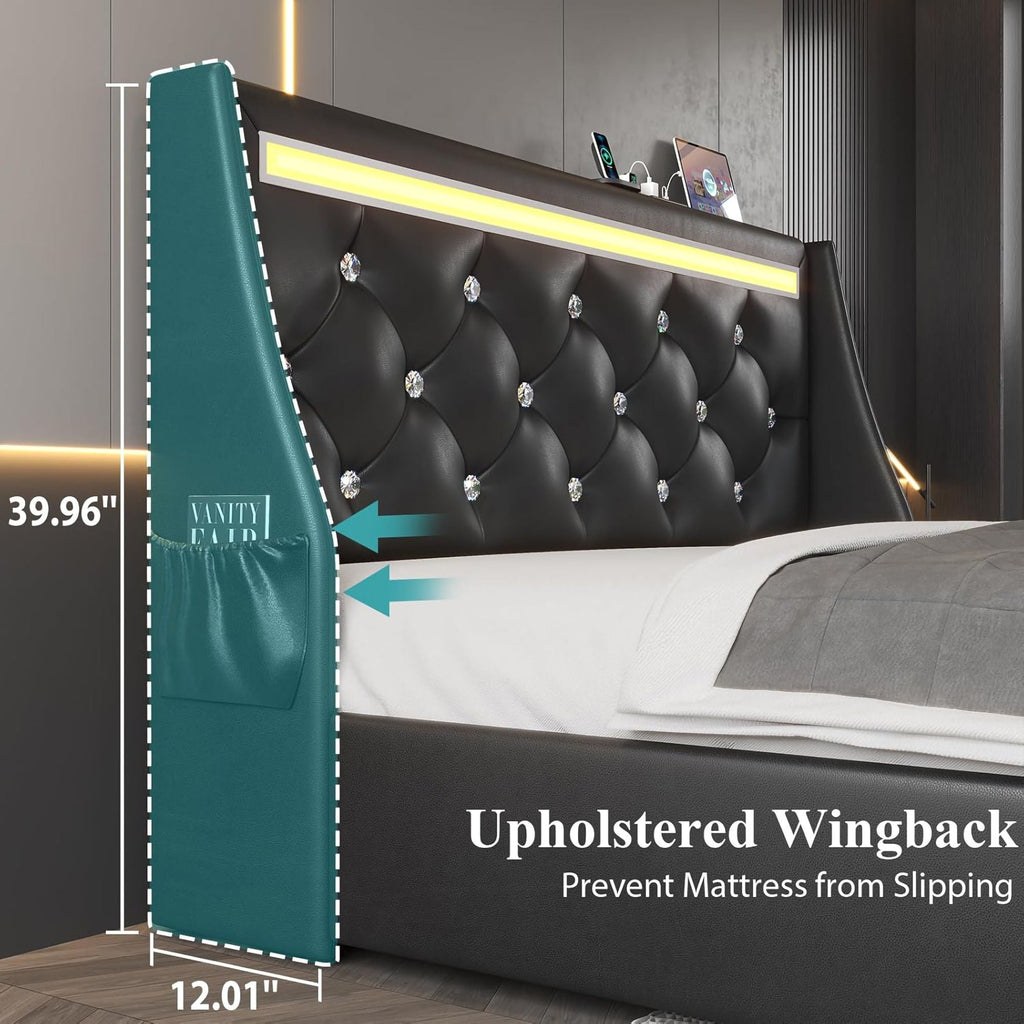 Wingback Upholstered Bed Frame with LED Lights and Charging Station - Black or White