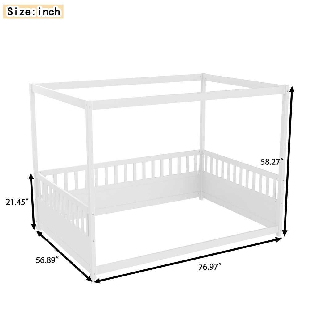 Full Size Canopy Bed Frame with Guardrails - White