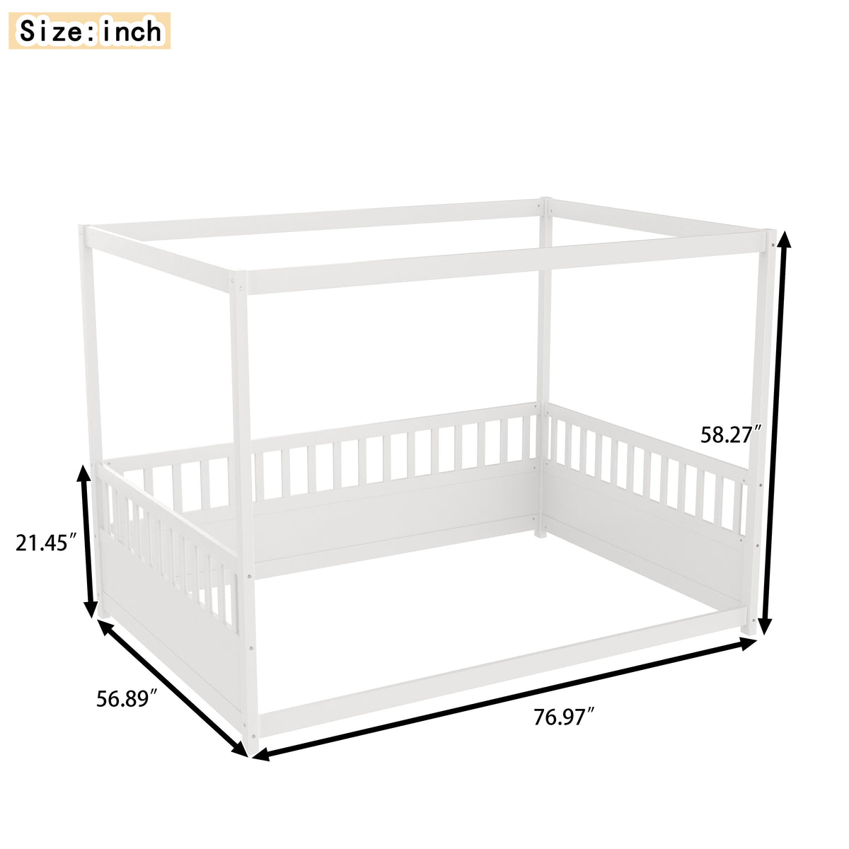 Full Size Canopy Bed Frame with Guardrails - White