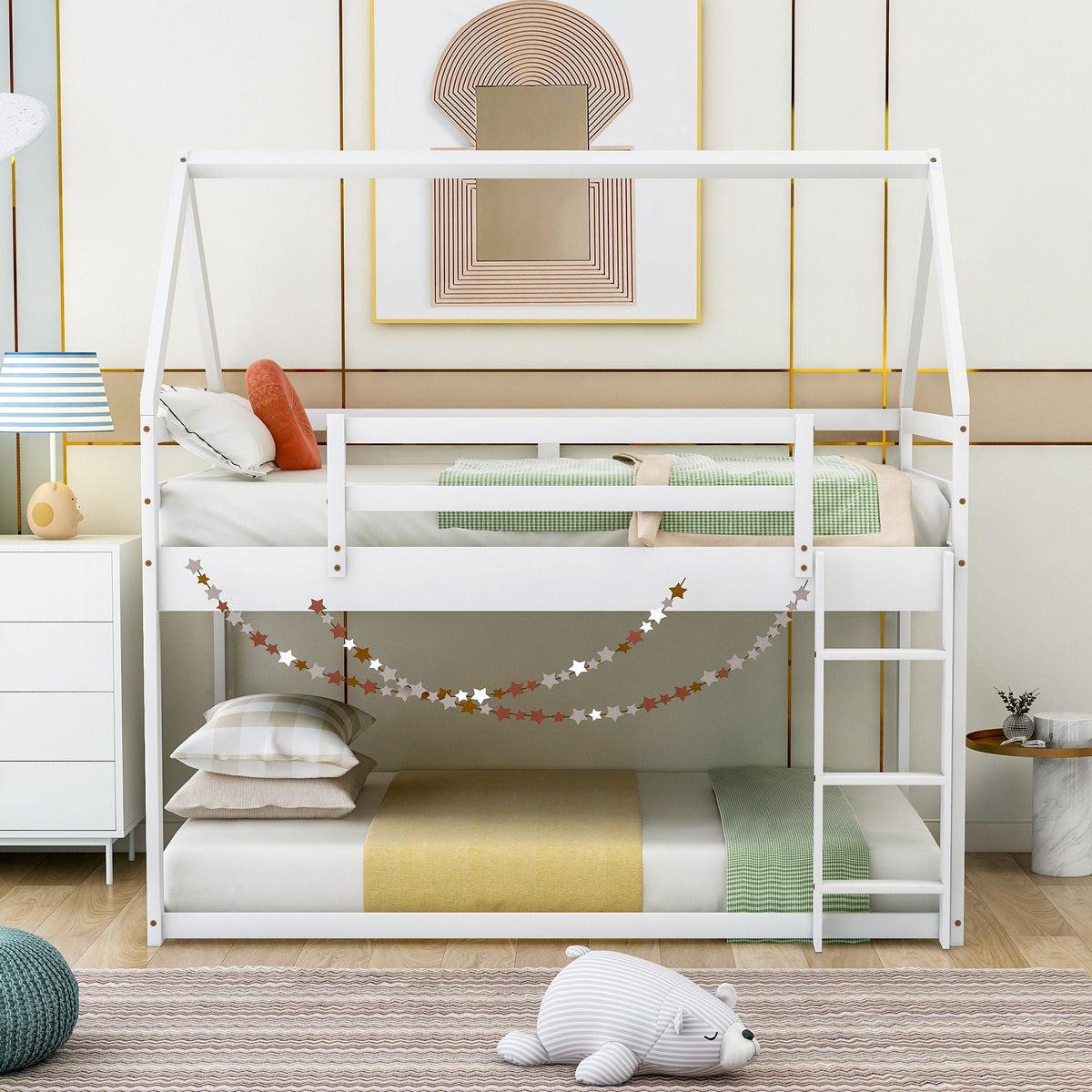 Low Bunk Bed With House Shaped Frame and Ladder - Twin Over Twin