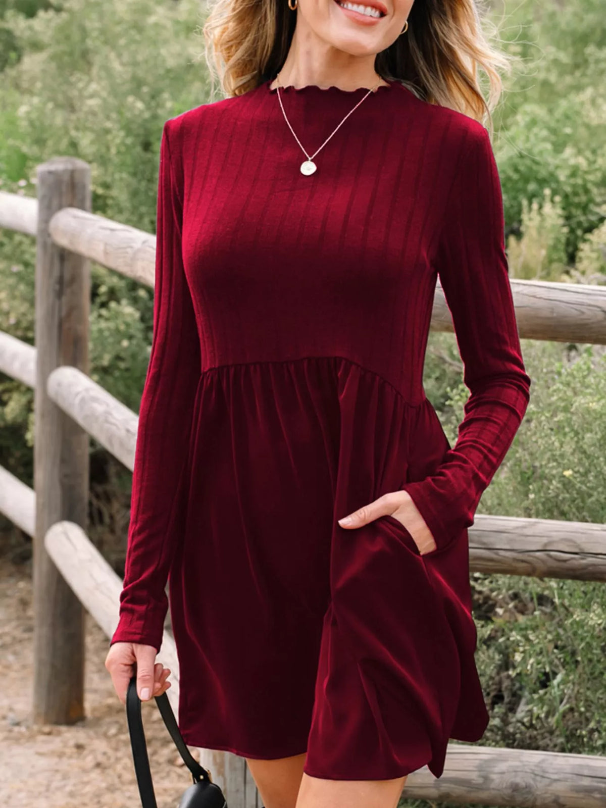Frilled Neck Ribbed Knit Patchwork Long Sleeve Mini Dress